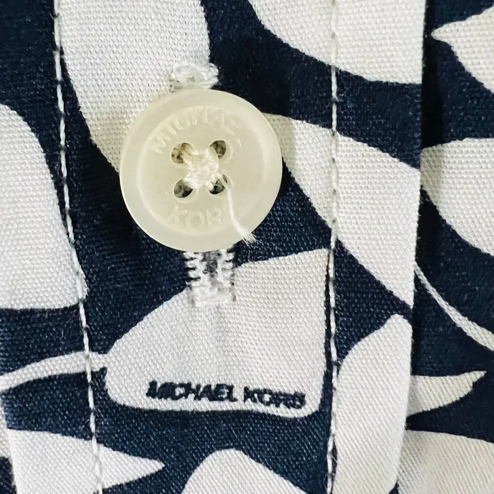 Michael Kors Button Front Blouse Size S Navy White Print Cotton